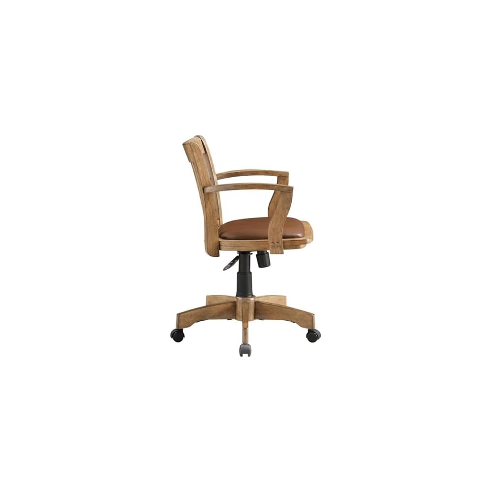 MAKLAINE Wood Bankers Chair, Fruit Wood Brown Finish, Vinyl Padded Seat, Adjustable Height, Tilt Control, Carpet Casters, Steel Base, 26.5W x 23.5D x 33.5H, Home Office Desk Chair