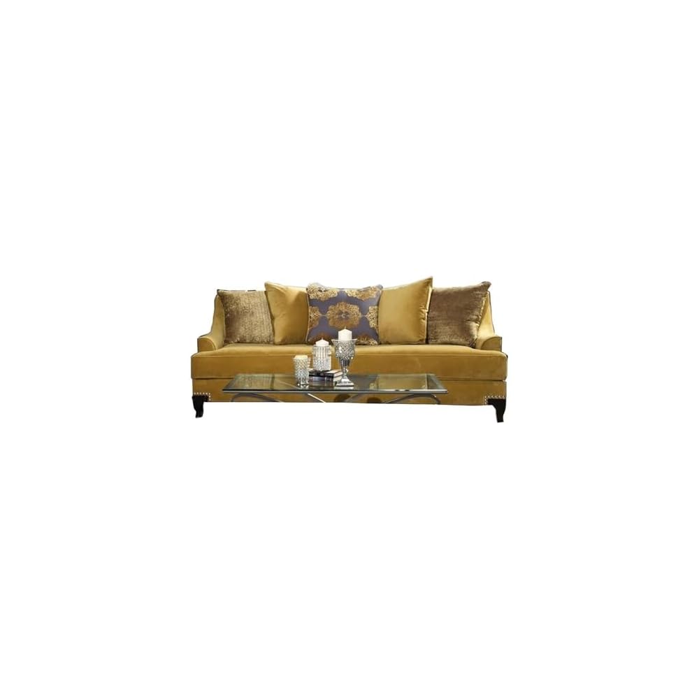BOWERY HILL Traditional Velvet Upholstered Sofa, Gold Finish, Premium Velvet Fabric, Solid Wood Frame, 91" W x 40" D x 38" H, Includes Accent Pillows, Nailhead Trim, Comfortable Living Room Seating