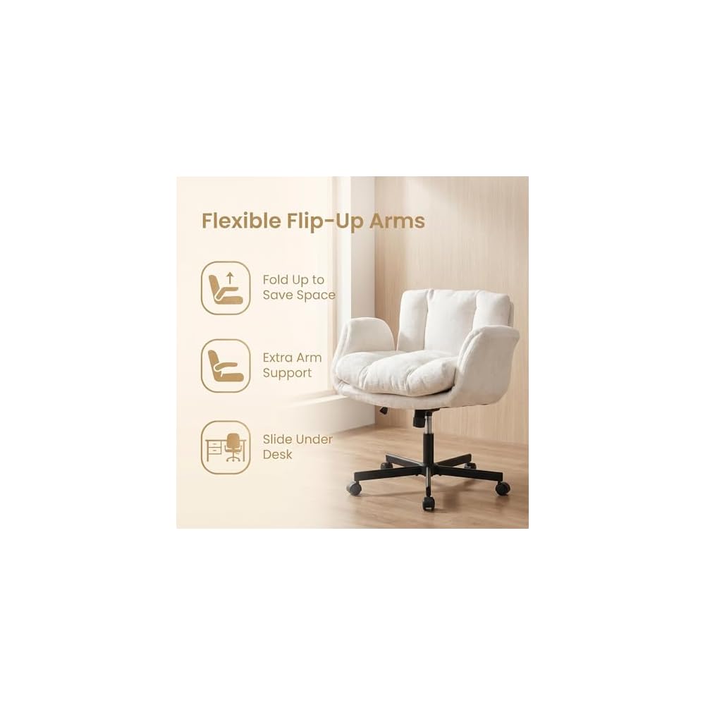Beige Swivel Criss Cross Chair, Chenille Office Desk Chair w/ Flip-Up Arms