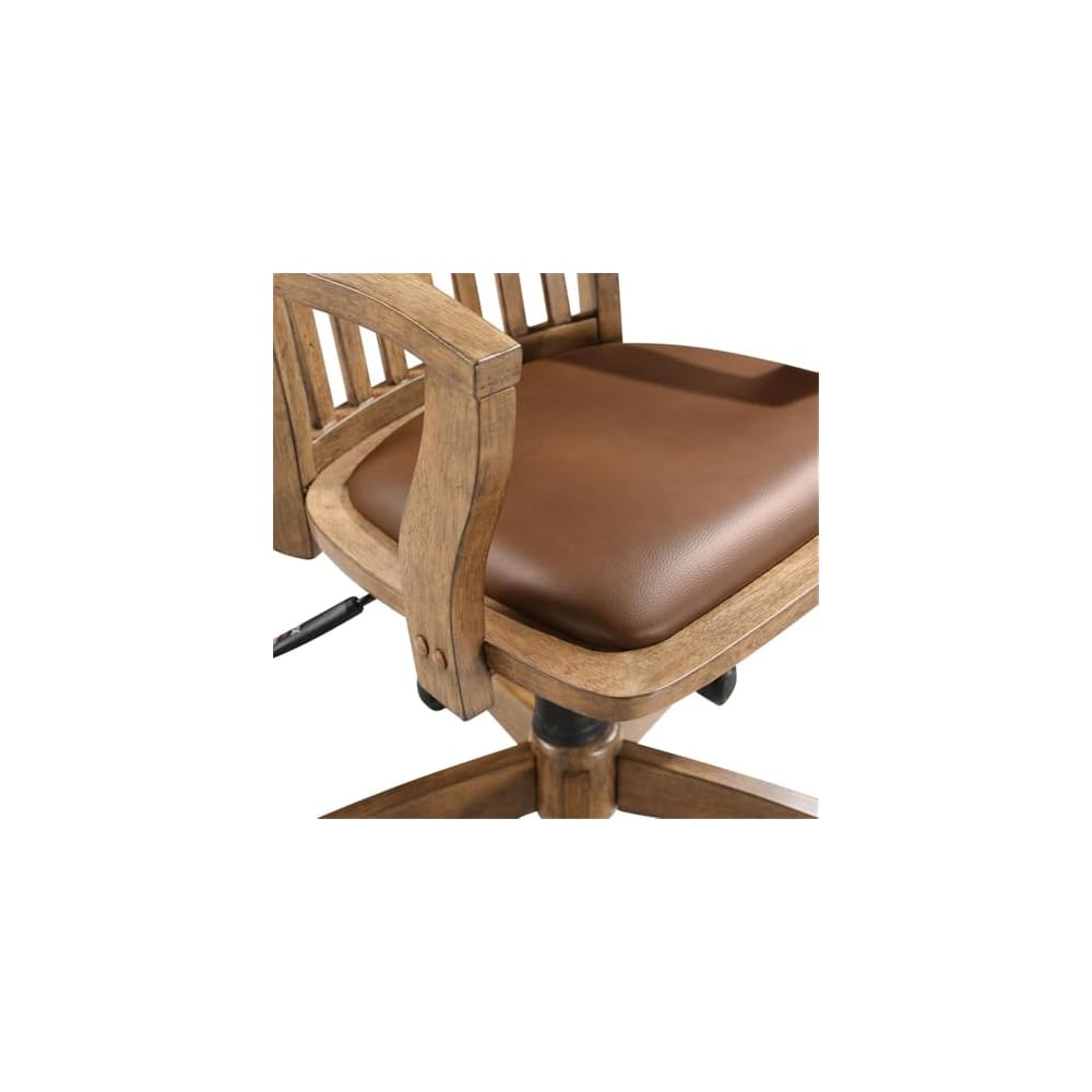 MAKLAINE Wood Bankers Chair, Fruit Wood Brown Finish, Vinyl Padded Seat, Adjustable Height, Tilt Control, Carpet Casters, Steel Base, 26.5W x 23.5D x 33.5H, Home Office Desk Chair