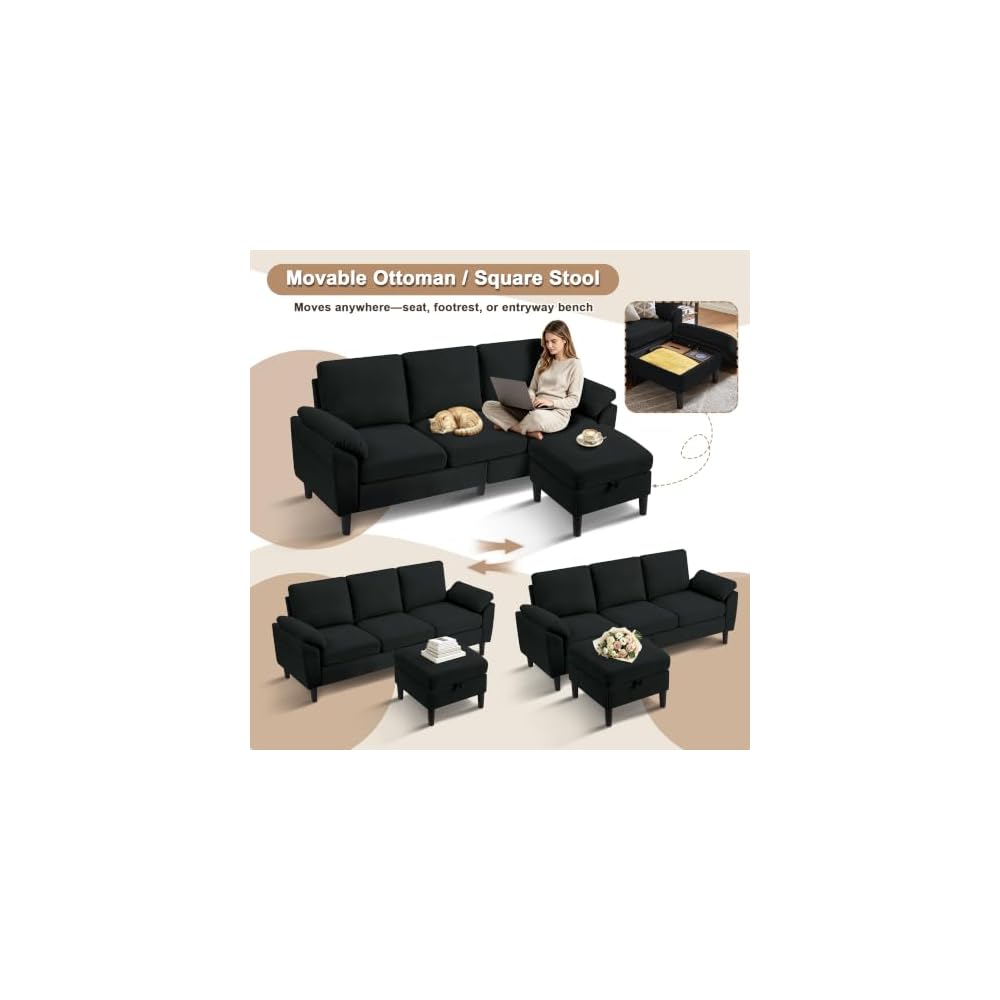 3 Pieces Sofa Set, L Shaped Sectional Couch and Loveseat Set with Ottoman