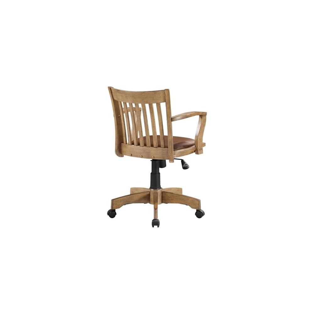 MAKLAINE Wood Bankers Chair, Fruit Wood Brown Finish, Vinyl Padded Seat, Adjustable Height, Tilt Control, Carpet Casters, Steel Base, 26.5W x 23.5D x 33.5H, Home Office Desk Chair