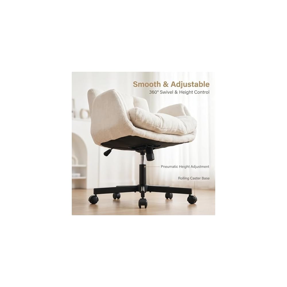 Beige Swivel Criss Cross Chair, Chenille Office Desk Chair w/ Flip-Up Arms