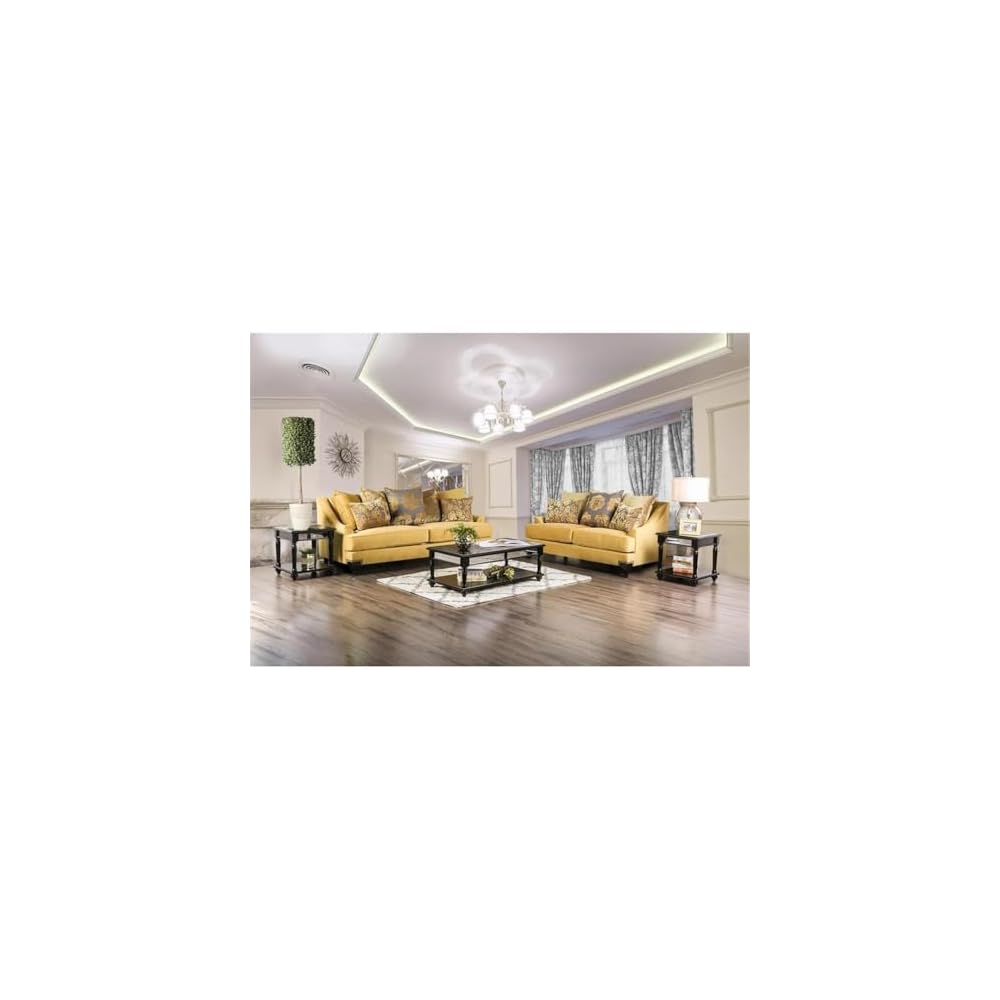 BOWERY HILL Traditional Velvet Upholstered Sofa, Gold Finish, Premium Velvet Fabric, Solid Wood Frame, 91" W x 40" D x 38" H, Includes Accent Pillows, Nailhead Trim, Comfortable Living Room Seating