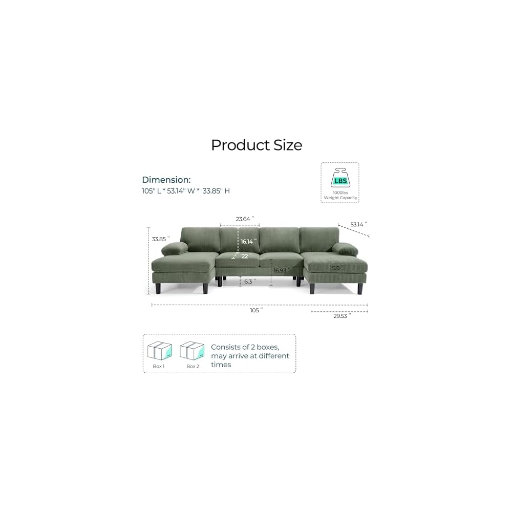 LINSY HOME Sectional Couch, 105'' W Corduroy U Shaped Sofa with Sleepable Armrests, 4 Seat Couch with Double Chaises, Deep Sofa for Living Room, Green