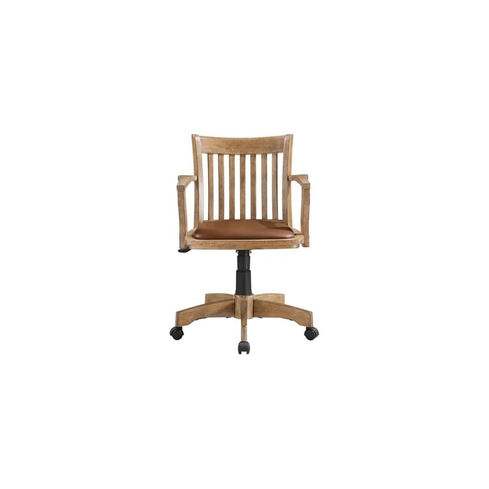 MAKLAINE Wood Bankers Chair, Fruit Wood Brown Finish, Vinyl Padded Seat, Adjustable Height, Tilt Control, Carpet Casters, Steel Base, 26.5W x 23.5D x 33.5H, Home Office Desk Chair