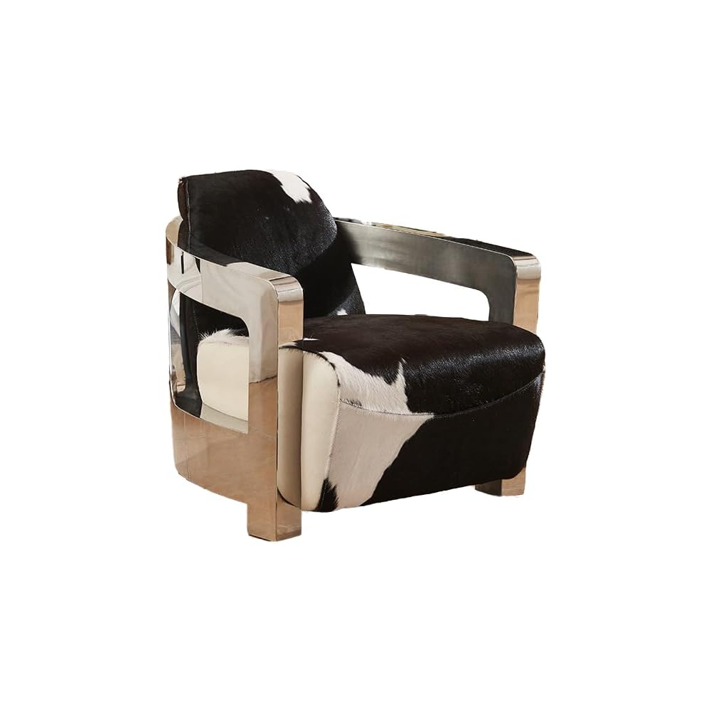 Black White Cowhide Accent Chair with Polished Stainless Steel Arms