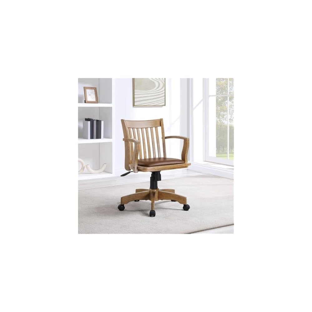 MAKLAINE Wood Bankers Chair, Fruit Wood Brown Finish, Vinyl Padded Seat, Adjustable Height, Tilt Control, Carpet Casters, Steel Base, 26.5W x 23.5D x 33.5H, Home Office Desk Chair
