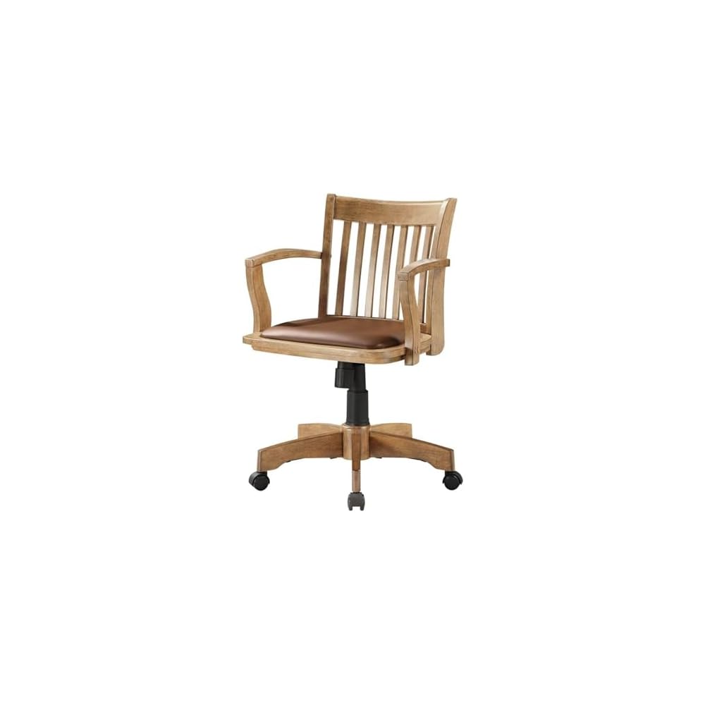MAKLAINE Wood Bankers Chair, Fruit Wood Brown Finish, Vinyl Padded Seat, Adjustable Height, Tilt Control, Carpet Casters, Steel Base, 26.5W x 23.5D x 33.5H, Home Office Desk Chair