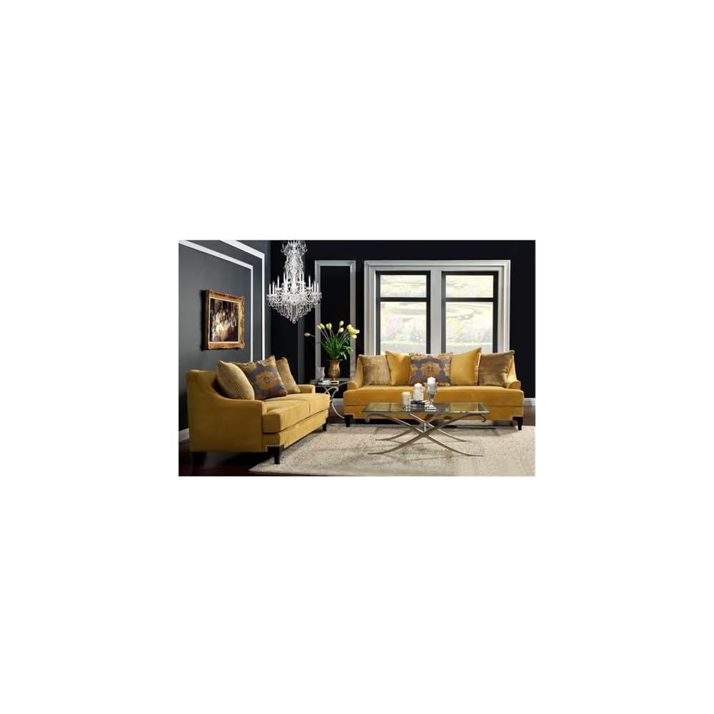 BOWERY HILL Traditional Velvet Upholstered Sofa, Gold Finish, Premium Velvet Fabric, Solid Wood Frame, 91" W x 40" D x 38" H, Includes Accent Pillows, Nailhead Trim, Comfortable Living Room Seating