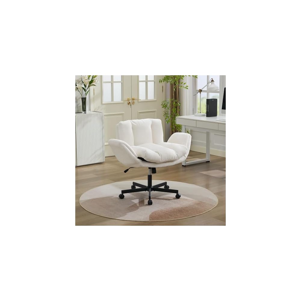 Beige Swivel Criss Cross Chair, Chenille Office Desk Chair w/ Flip-Up Arms