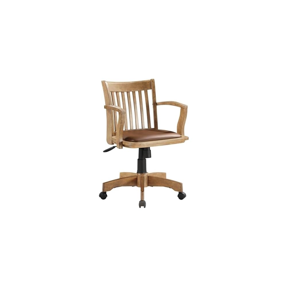 MAKLAINE Wood Bankers Chair, Fruit Wood Brown Finish, Vinyl Padded Seat, Adjustable Height, Tilt Control, Carpet Casters, Steel Base, 26.5W x 23.5D x 33.5H, Home Office Desk Chair