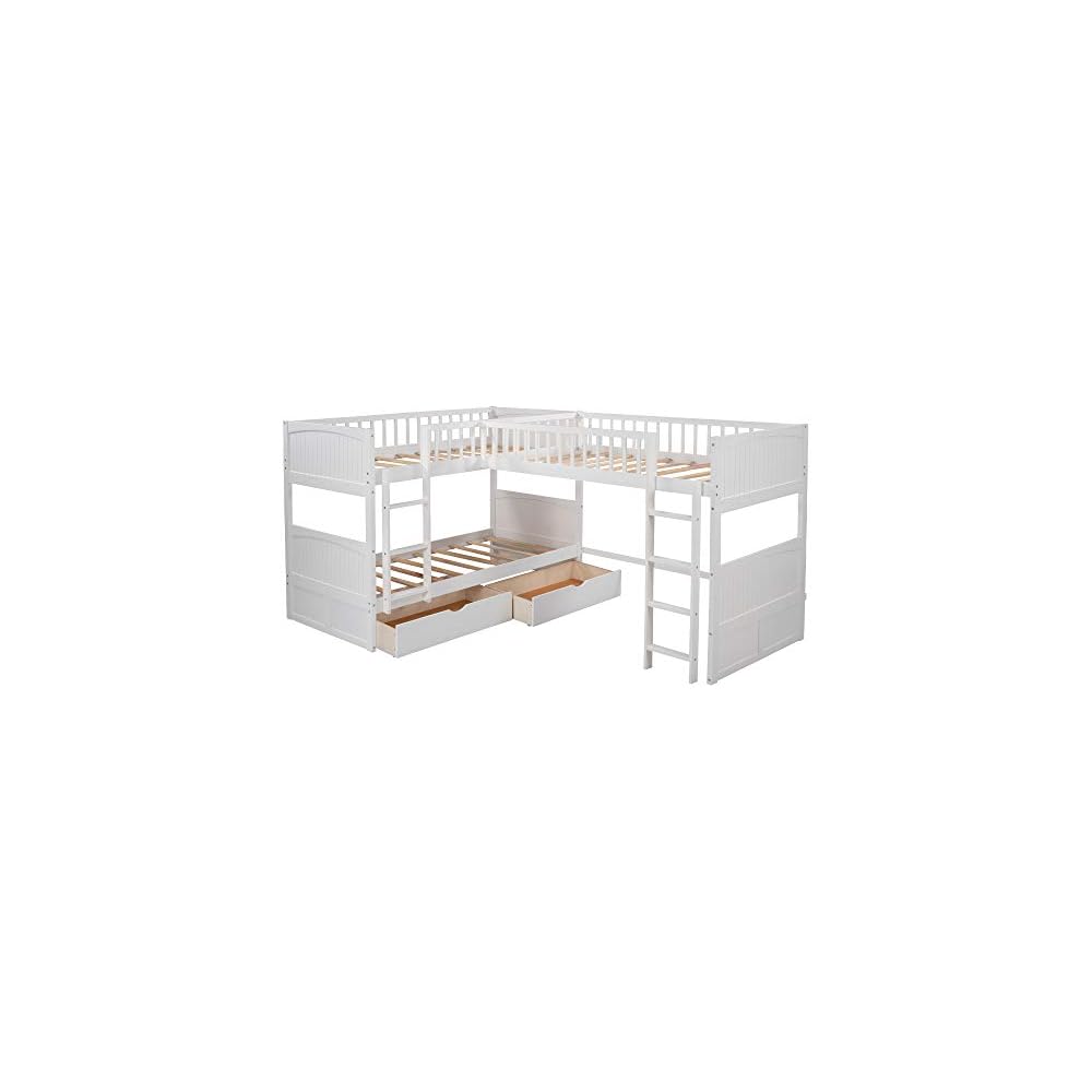 Flieks Triple Bed Twin-Over-Twin-Over-Twin Bed L Shaped Bunk Bed with 2 Drawers and 2 Ladders, No Box Spring Needed