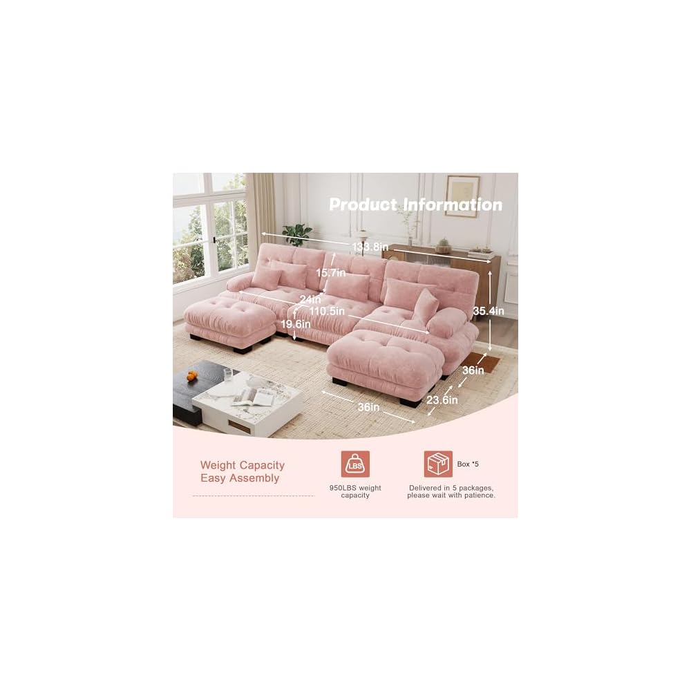 Cloud Couch, 133.8“ Sectional Couches for Living Room, Oversize Deep Seat U Shaped Couch Chenille Fluffy 3 Seats Sofa with 2 Ottomans, Pink