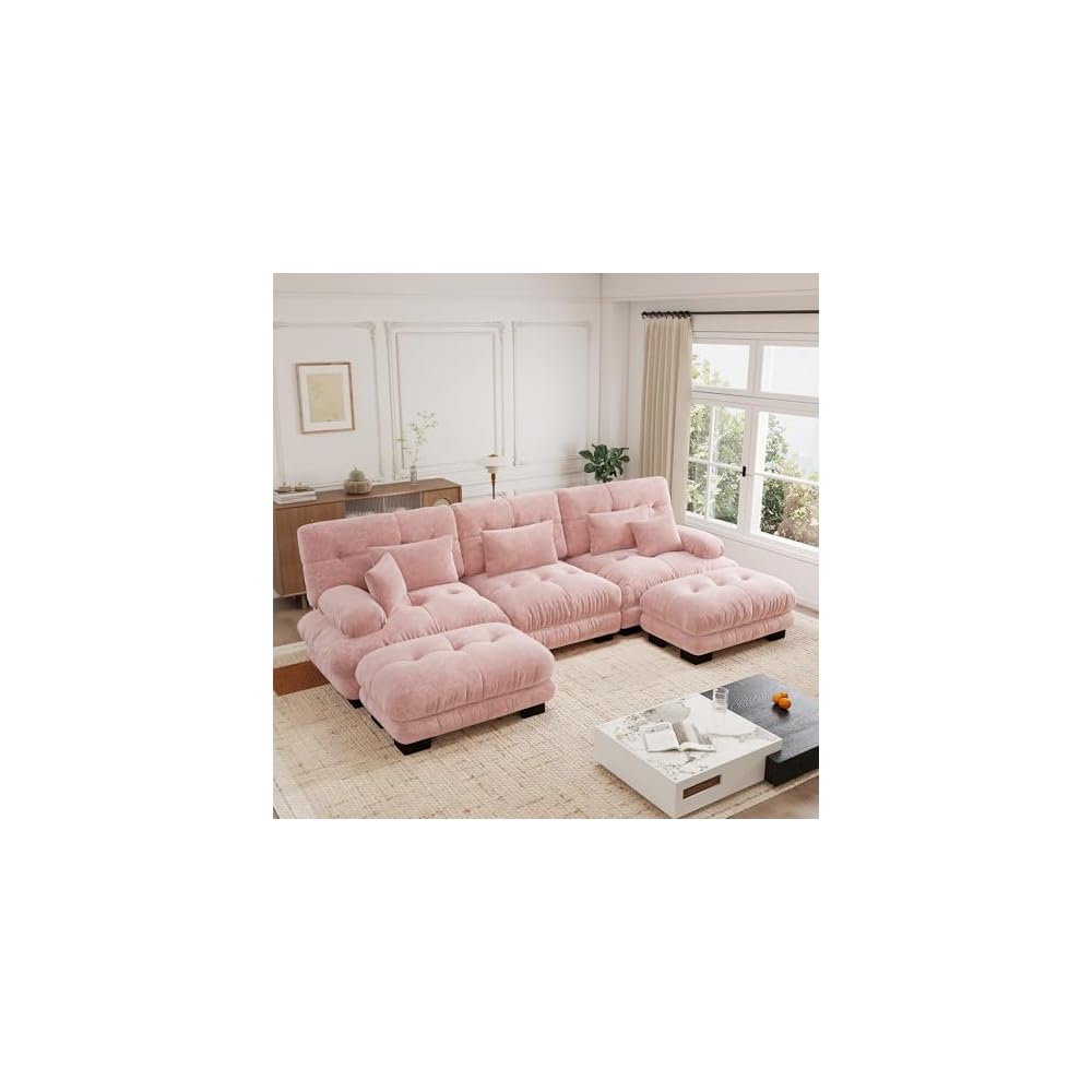 Cloud Couch, 133.8“ Sectional Couches for Living Room, Oversize Deep Seat U Shaped Couch Chenille Fluffy 3 Seats Sofa with 2 Ottomans, Pink