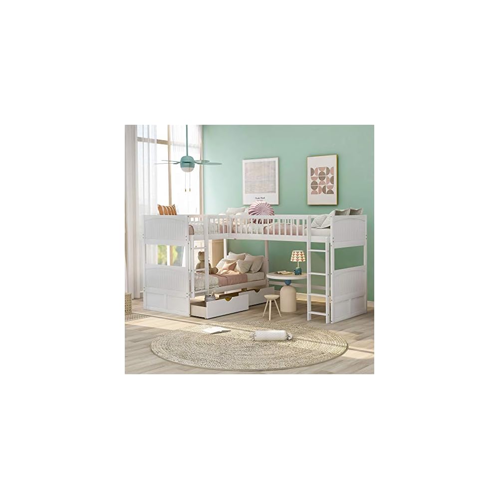 Flieks Triple Bed Twin-Over-Twin-Over-Twin Bed L Shaped Bunk Bed with 2 Drawers and 2 Ladders, No Box Spring Needed