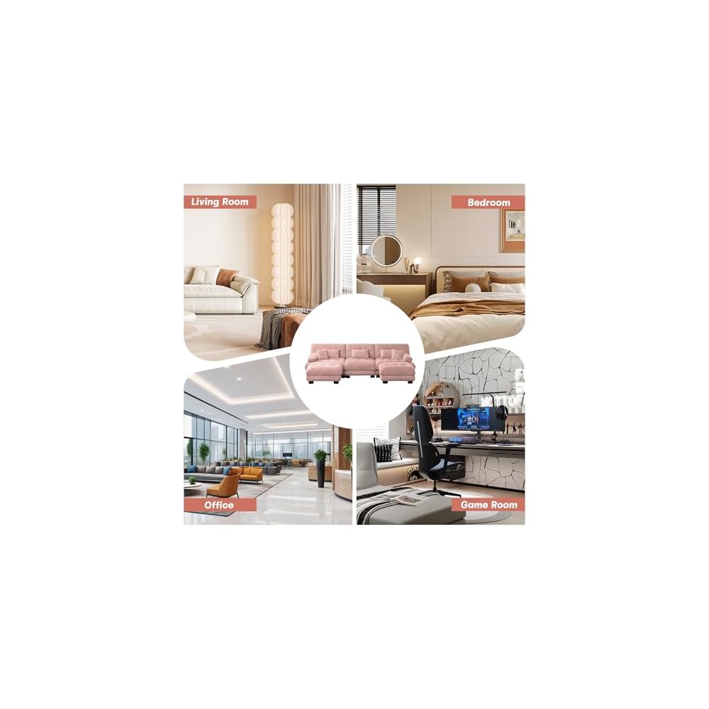 Cloud Couch, 133.8“ Sectional Couches for Living Room, Oversize Deep Seat U Shaped Couch Chenille Fluffy 3 Seats Sofa with 2 Ottomans, Pink