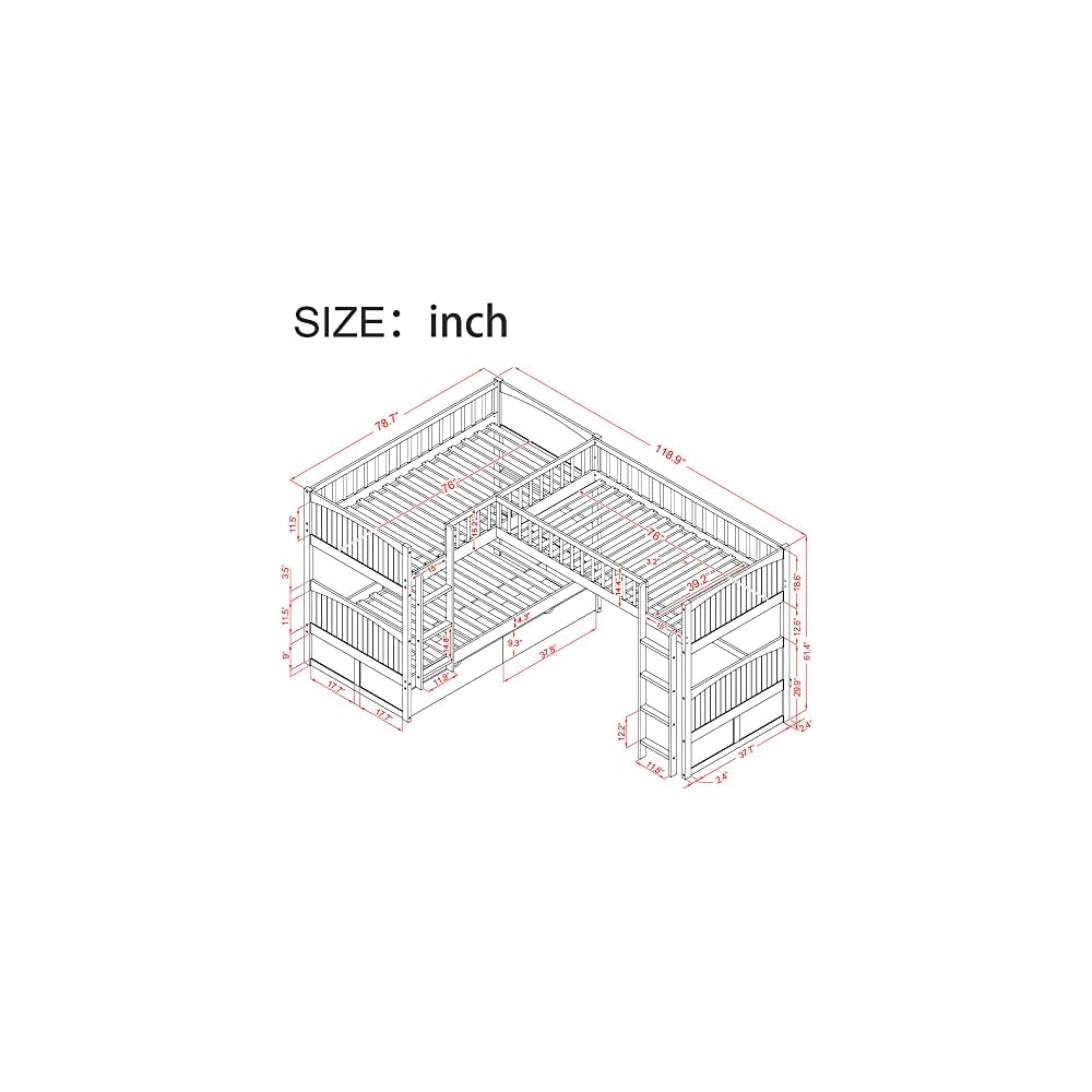 Flieks Triple Bed Twin-Over-Twin-Over-Twin Bed L Shaped Bunk Bed with 2 Drawers and 2 Ladders, No Box Spring Needed