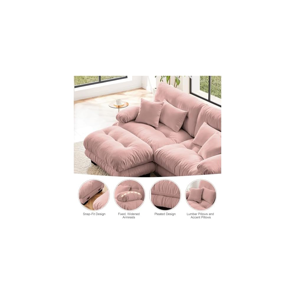 Cloud Couch, 133.8“ Sectional Couches for Living Room, Oversize Deep Seat U Shaped Couch Chenille Fluffy 3 Seats Sofa with 2 Ottomans, Pink
