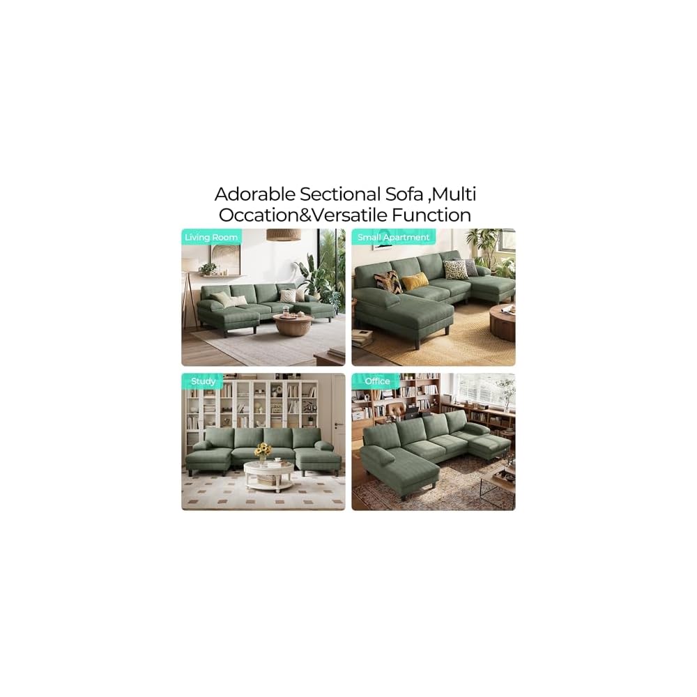 LINSY HOME Sectional Couch, 105'' W Corduroy U Shaped Sofa with Sleepable Armrests, 4 Seat Couch with Double Chaises, Deep Sofa for Living Room, Green