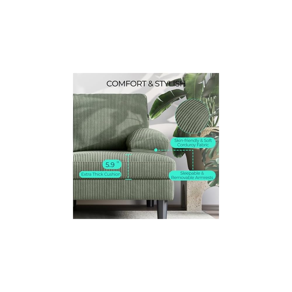 LINSY HOME Sectional Couch, 105'' W Corduroy U Shaped Sofa with Sleepable Armrests, 4 Seat Couch with Double Chaises, Deep Sofa for Living Room, Green