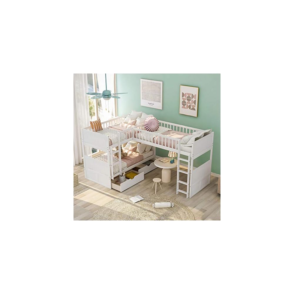 Flieks Triple Bed Twin-Over-Twin-Over-Twin Bed L Shaped Bunk Bed with 2 Drawers and 2 Ladders, No Box Spring Needed