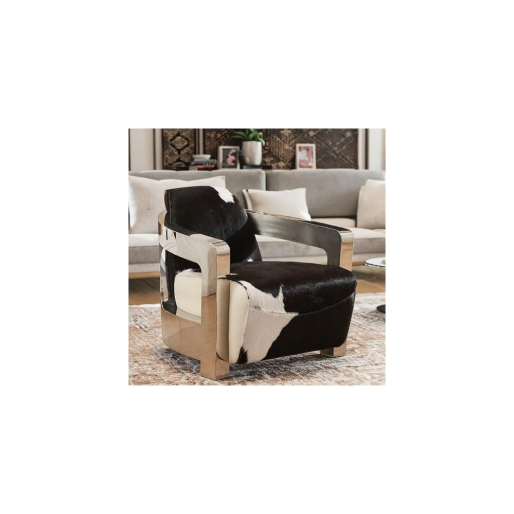 Black White Cowhide Accent Chair with Polished Stainless Steel Arms