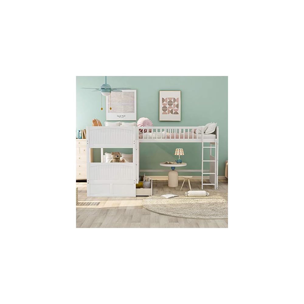 Flieks Triple Bed Twin-Over-Twin-Over-Twin Bed L Shaped Bunk Bed with 2 Drawers and 2 Ladders, No Box Spring Needed