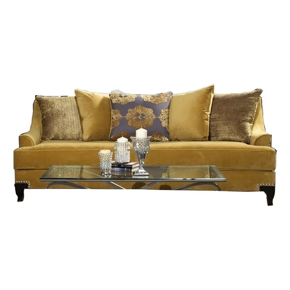 BOWERY HILL Traditional Velvet Upholstered Sofa, Gold Finish, Premium Velvet Fabric, Solid Wood Frame, 91" W x 40" D x 38" H, Includes Accent Pillows, Nailhead Trim, Comfortable Living Room Seating