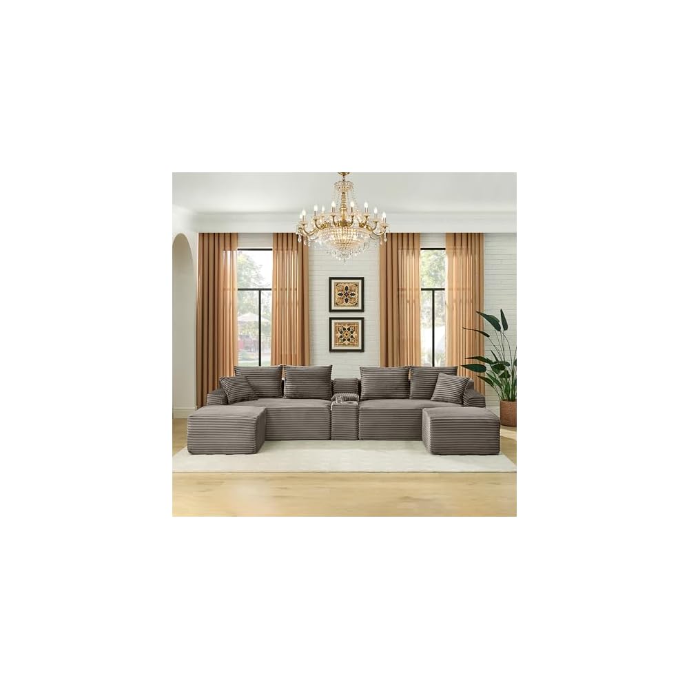 U-Shaped Cloud Sectional Couch, Symmetrical Modular Compressed Boneless Sectional Sofa with Chaise Lounges and Console, Plush Corduroy Boneless Corner Sofa for Living Room