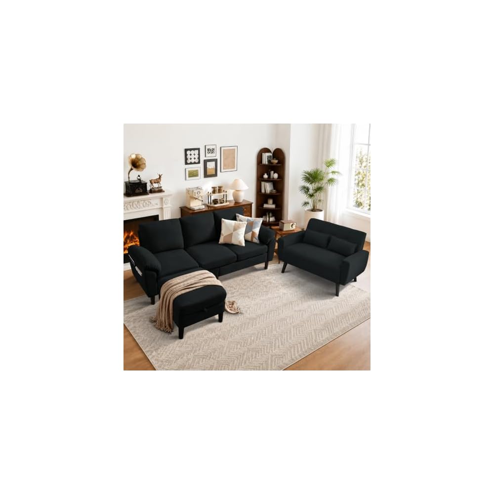 3 Pieces Sofa Set, L Shaped Sectional Couch and Loveseat Set with Ottoman