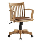 MAKLAINE Wood Bankers Chair, Fruit Wood Brown Finish, Vinyl Padded Seat, Adjustable Height, Tilt Control, Carpet Casters, Steel Base, 26.5W x 23.5D x 33.5H, Home Office Desk Chair