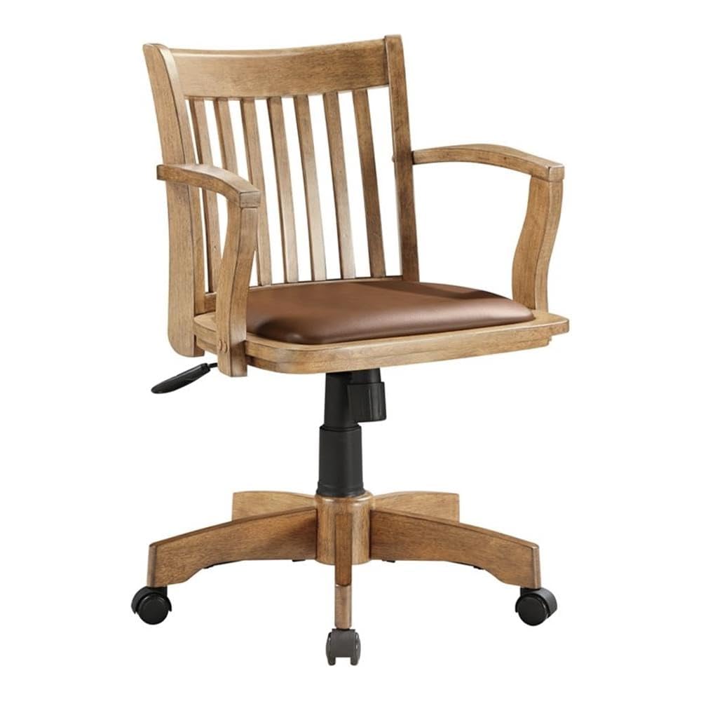 MAKLAINE Wood Bankers Chair, Fruit Wood Brown Finish, Vinyl Padded Seat, Adjustable Height, Tilt Control, Carpet Casters, Steel Base, 26.5W x 23.5D x 33.5H, Home Office Desk Chair