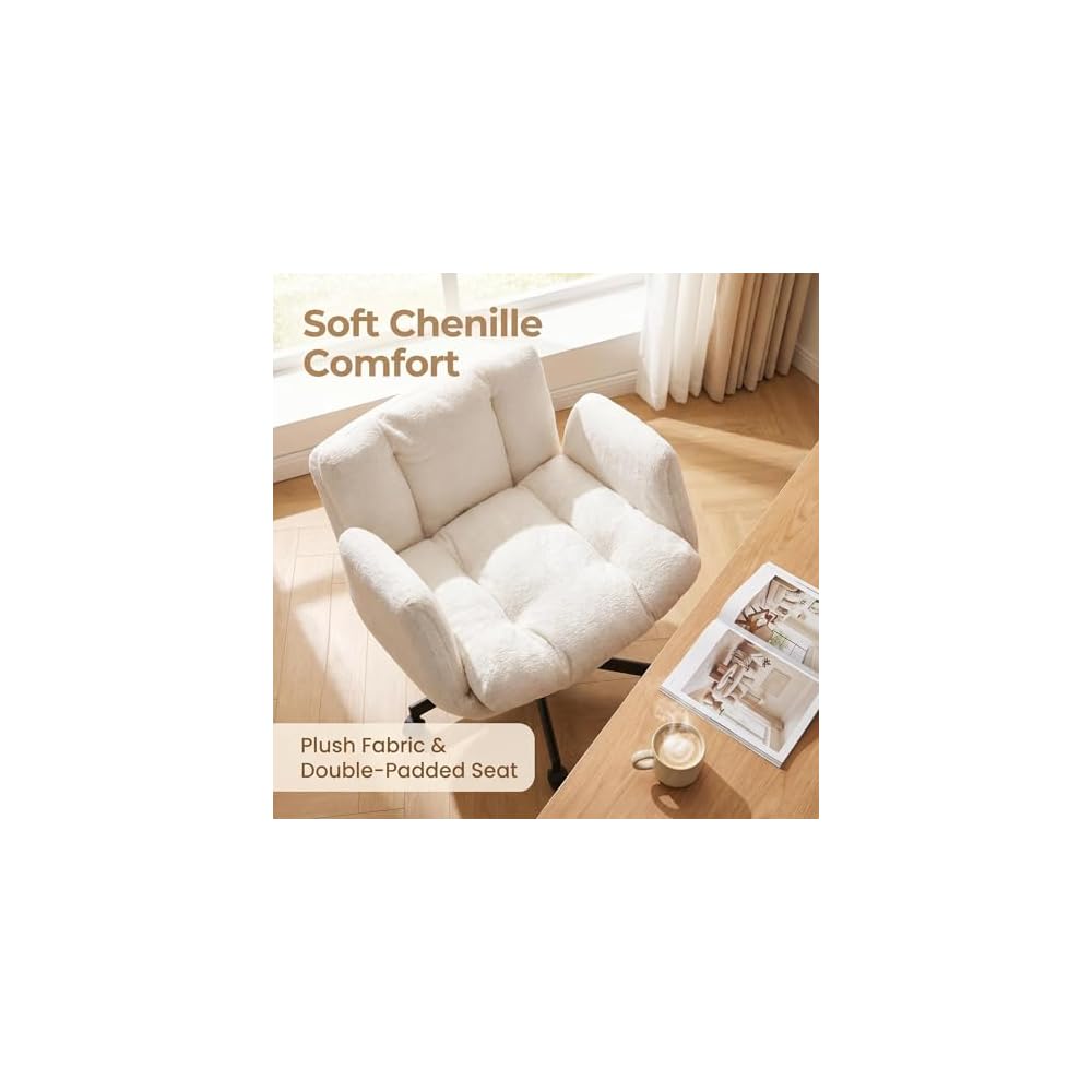 Beige Swivel Criss Cross Chair, Chenille Office Desk Chair w/ Flip-Up Arms