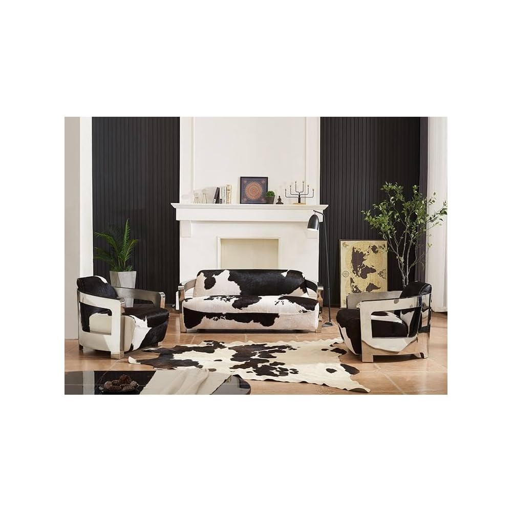 Black White Cowhide Accent Chair with Polished Stainless Steel Arms