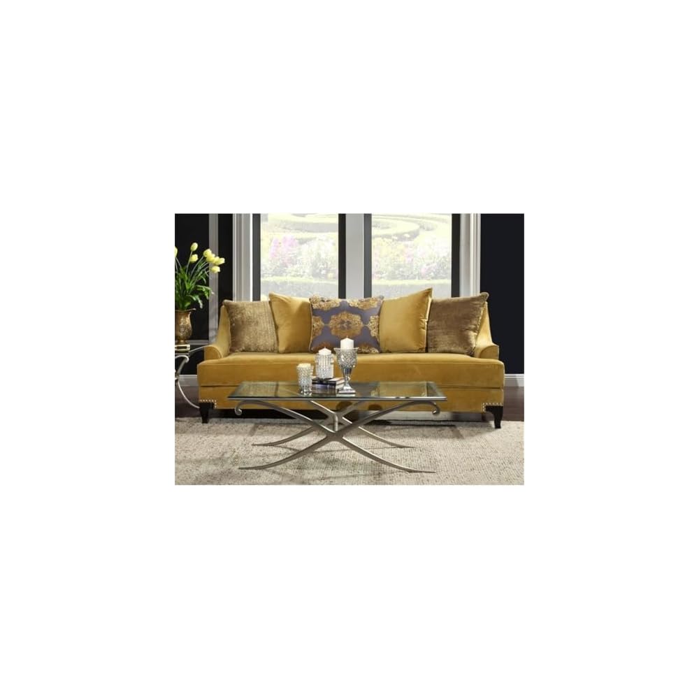 BOWERY HILL Traditional Velvet Upholstered Sofa, Gold Finish, Premium Velvet Fabric, Solid Wood Frame, 91" W x 40" D x 38" H, Includes Accent Pillows, Nailhead Trim, Comfortable Living Room Seating