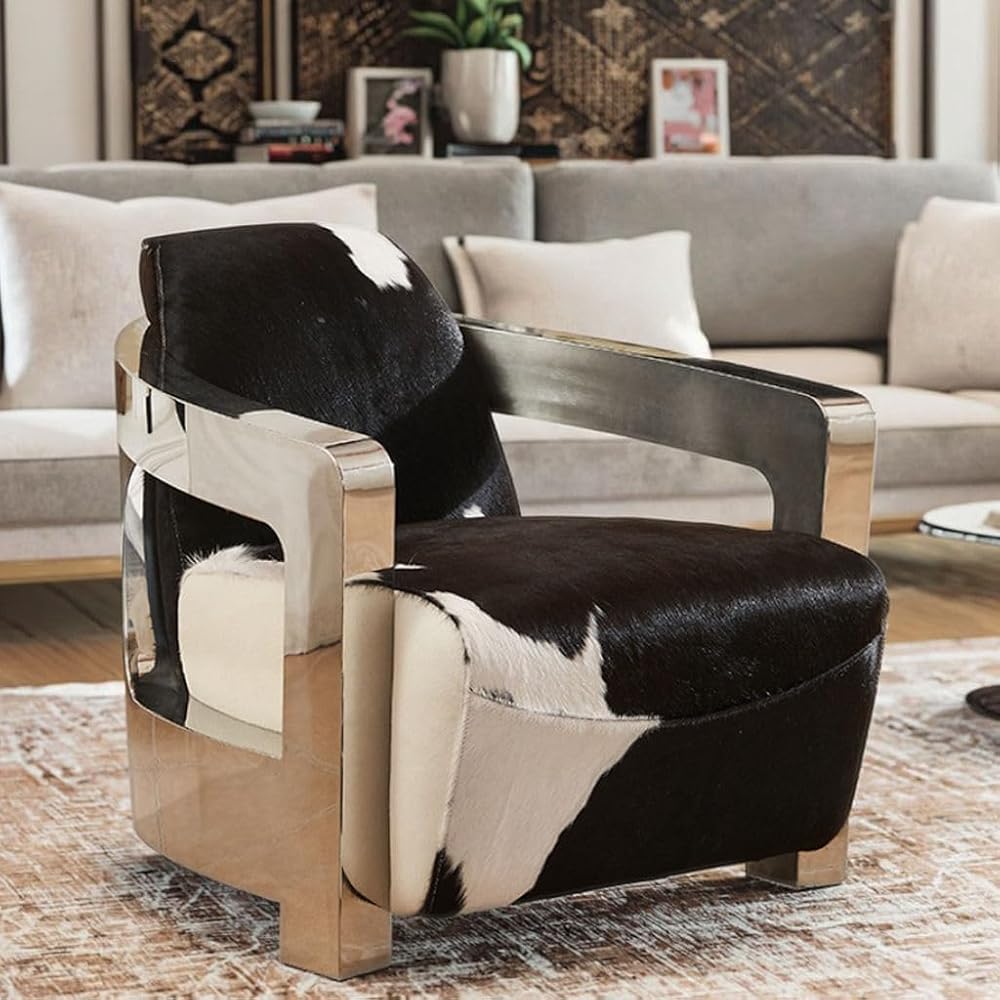 Black White Cowhide Accent Chair with Polished Stainless Steel Arms