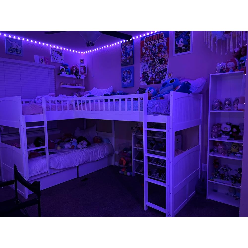 Flieks Triple Bed Twin-Over-Twin-Over-Twin Bed L Shaped Bunk Bed with 2 Drawers and 2 Ladders, No Box Spring Needed