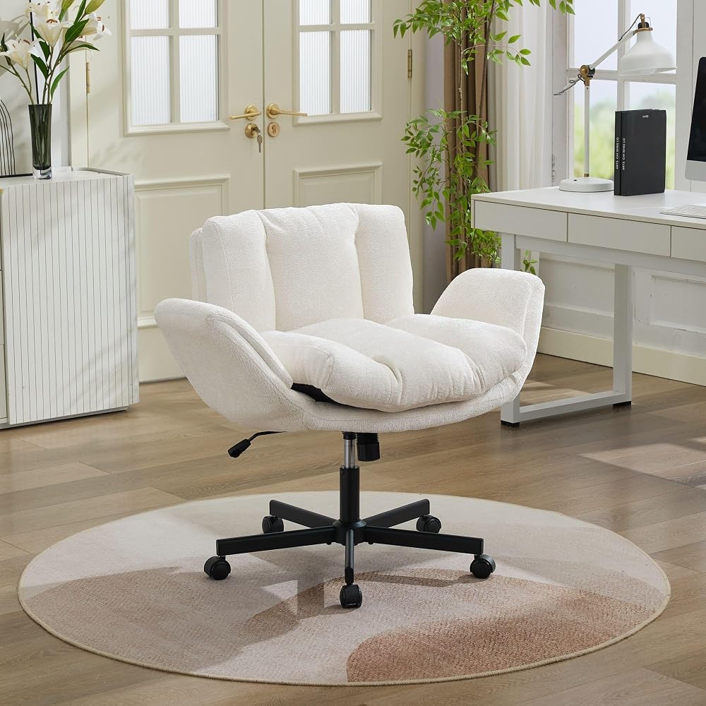 Beige Swivel Criss Cross Chair, Chenille Office Desk Chair w/ Flip-Up Arms