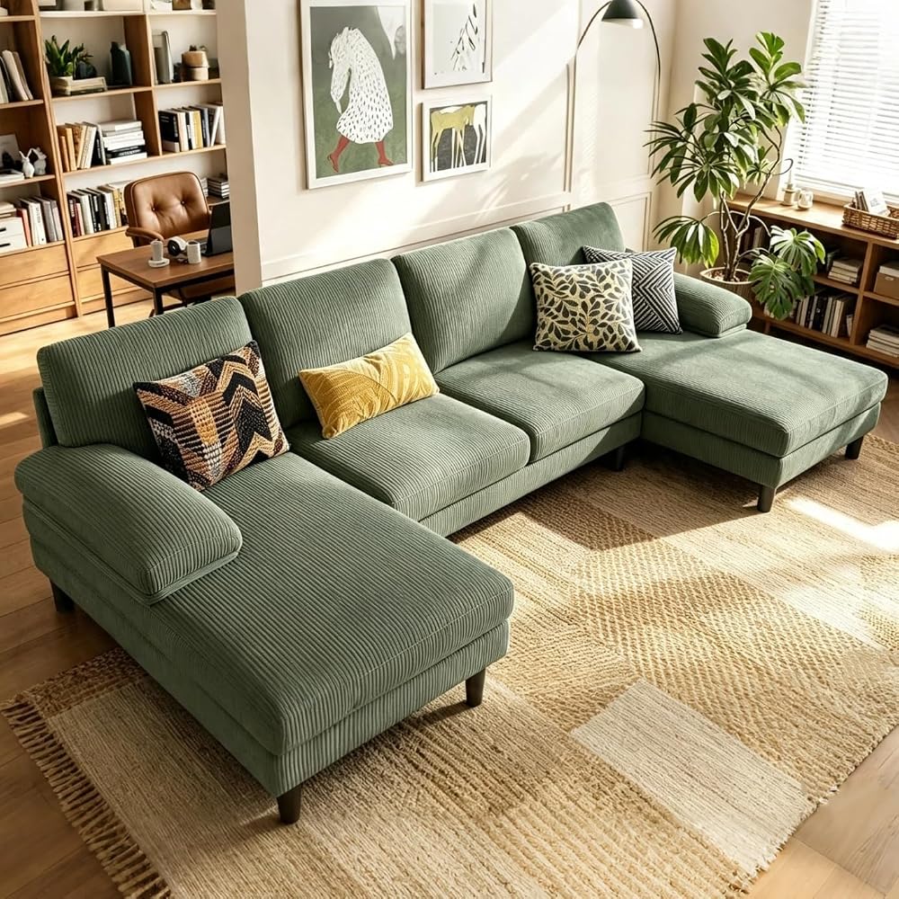 LINSY HOME Sectional Couch, 105'' W Corduroy U Shaped Sofa with Sleepable Armrests, 4 Seat Couch with Double Chaises, Deep Sofa for Living Room, Green