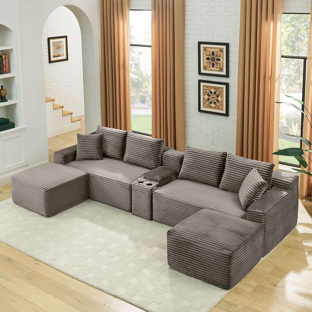 U-Shaped Cloud Sectional Couch, Symmetrical Modular Compressed Boneless Sectional Sofa with Chaise Lounges and Console, Plush Corduroy Boneless Corner Sofa for Living Room