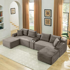 U-Shaped Cloud Sectional Couch, Symmetrical Modular Compressed Boneless Sectional Sofa with Chaise Lounges and Console, Plush Corduroy Boneless Corner Sofa for Living Room